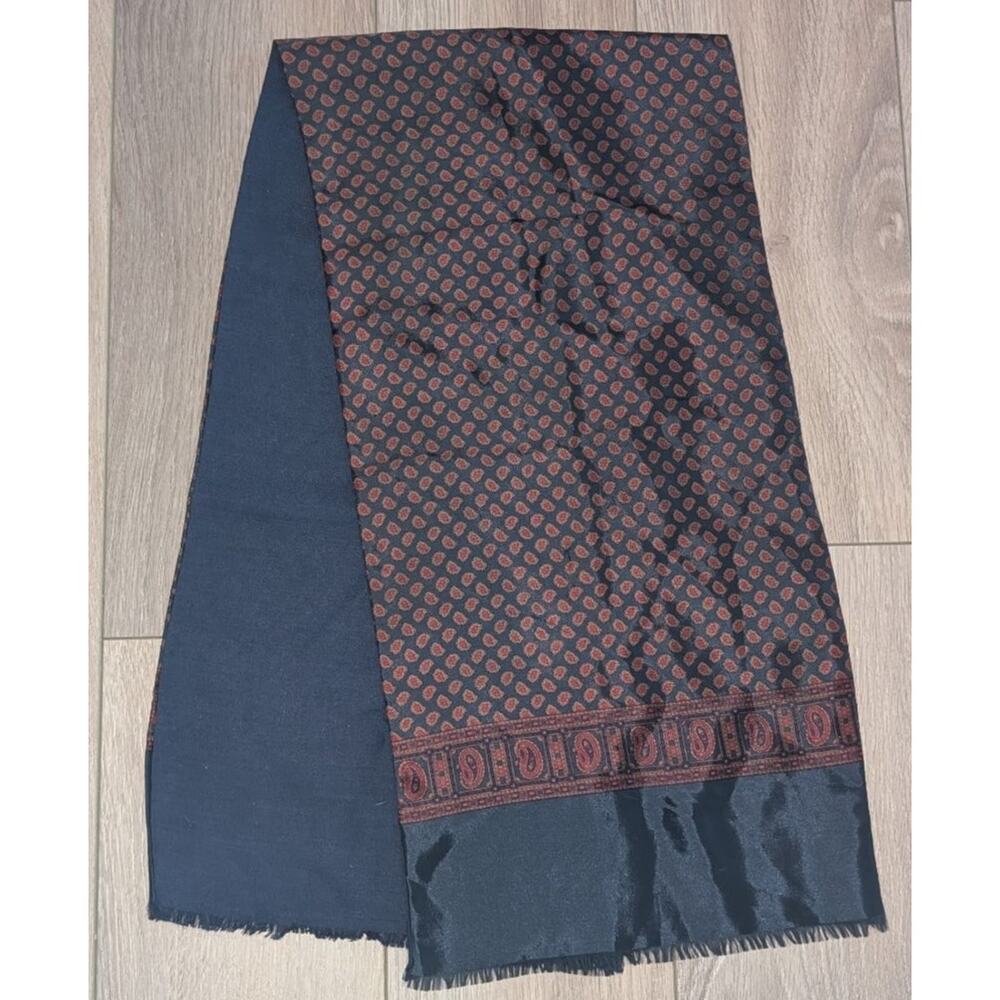 Vintage Roland Scarf 100% Rhodia Satin Paisley Pattern Red Blue Fringe 11 X 45